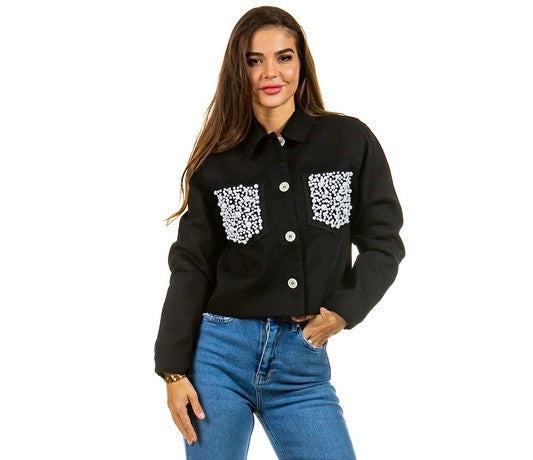 BLACK DENIM JACKET WITH PEARLS