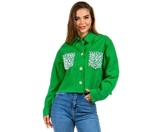 GREEN DENIM JACKET WITH PEARLS