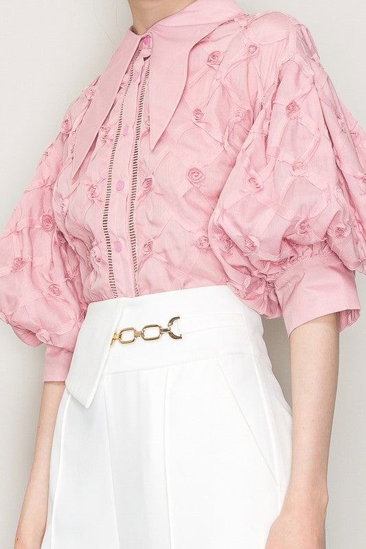 PUFF SLEEVE PINK COLLAR SHIRT