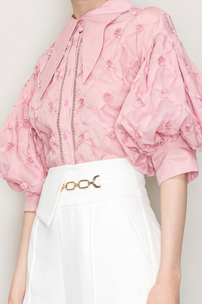 PUFF SLEEVE PINK COLLAR SHIRT