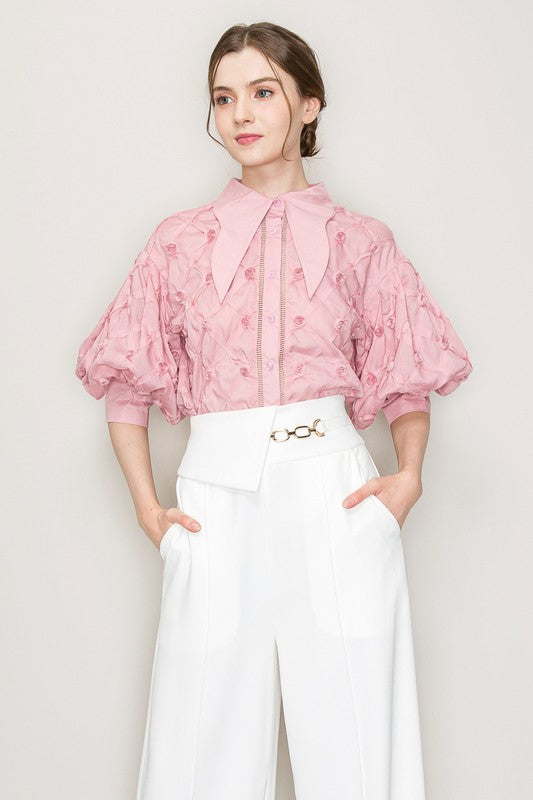 PUFF SLEEVE PINK COLLAR SHIRT