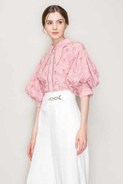 PUFF SLEEVE PINK COLLAR SHIRT