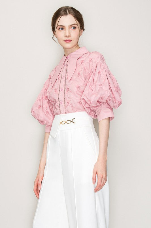 PUFF SLEEVE PINK COLLAR SHIRT