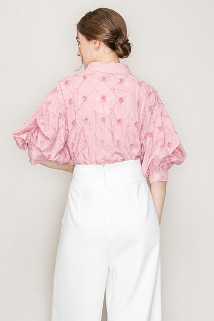 PUFF SLEEVE PINK COLLAR SHIRT